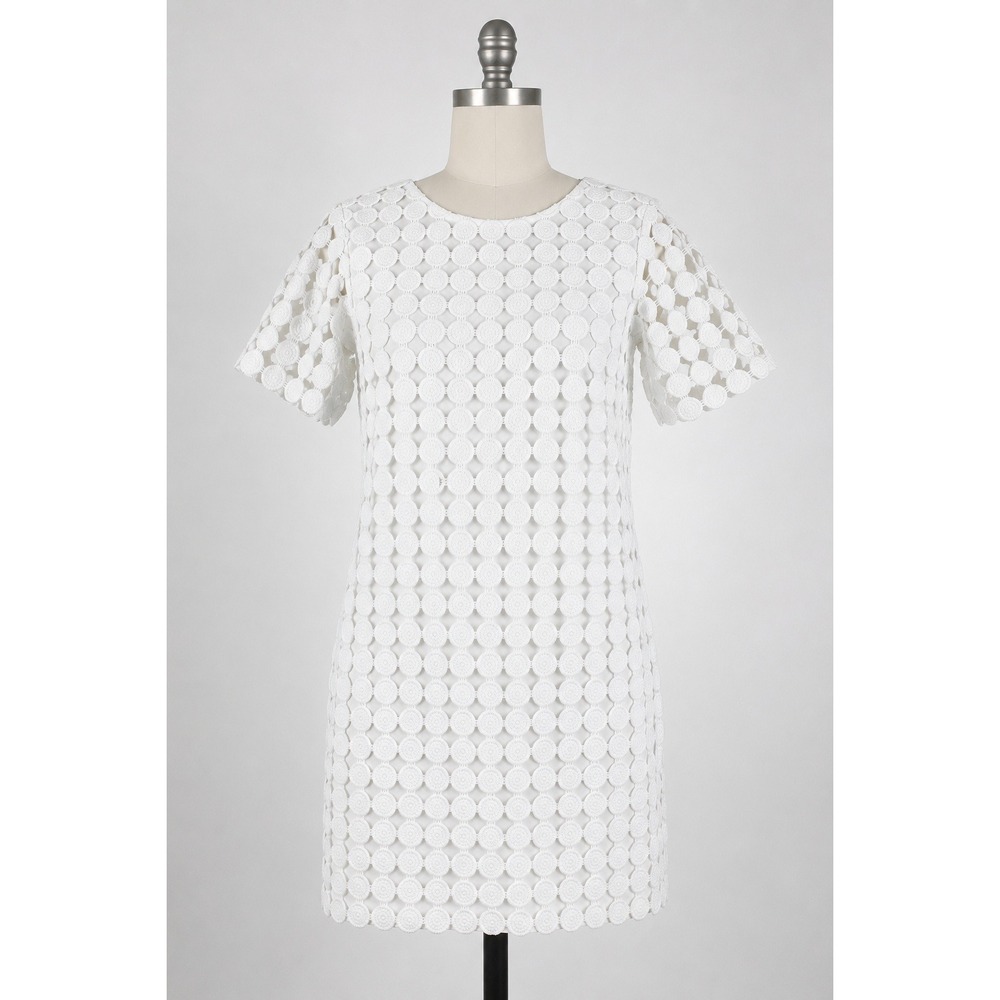 Alexis White Geometric Circle‎ Crochet Lace Shift Mini Dress Short Sleeve Size S